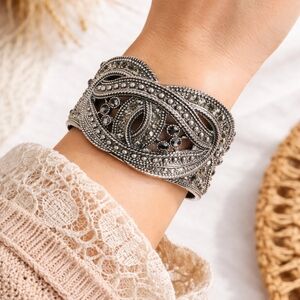 Vintage Marcasite Cuff Bracelet | Oxidized Silver Cat Face Wide Statement Cuff